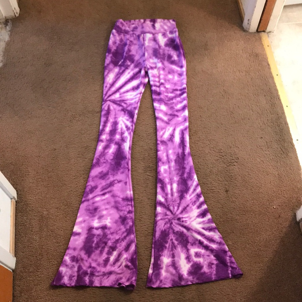 Purple tie dye bell bottom leggings